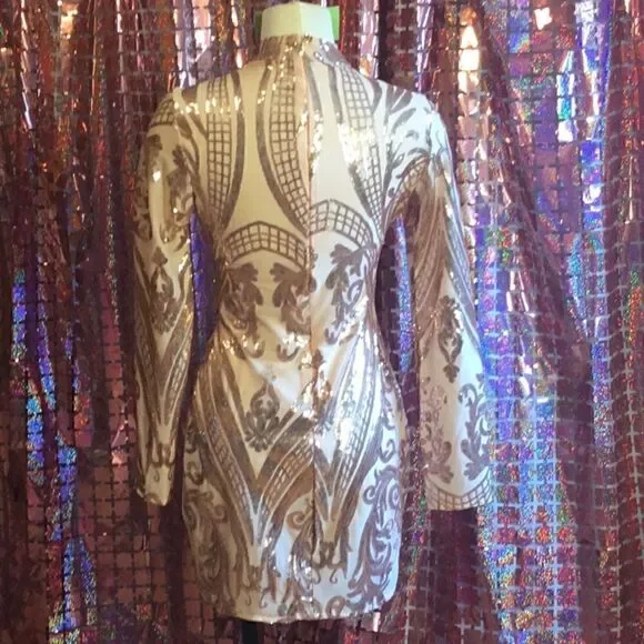 NWOT long sleeved dress with nude underlay & rose gold sequins throughout SM - Picture 9 of 14